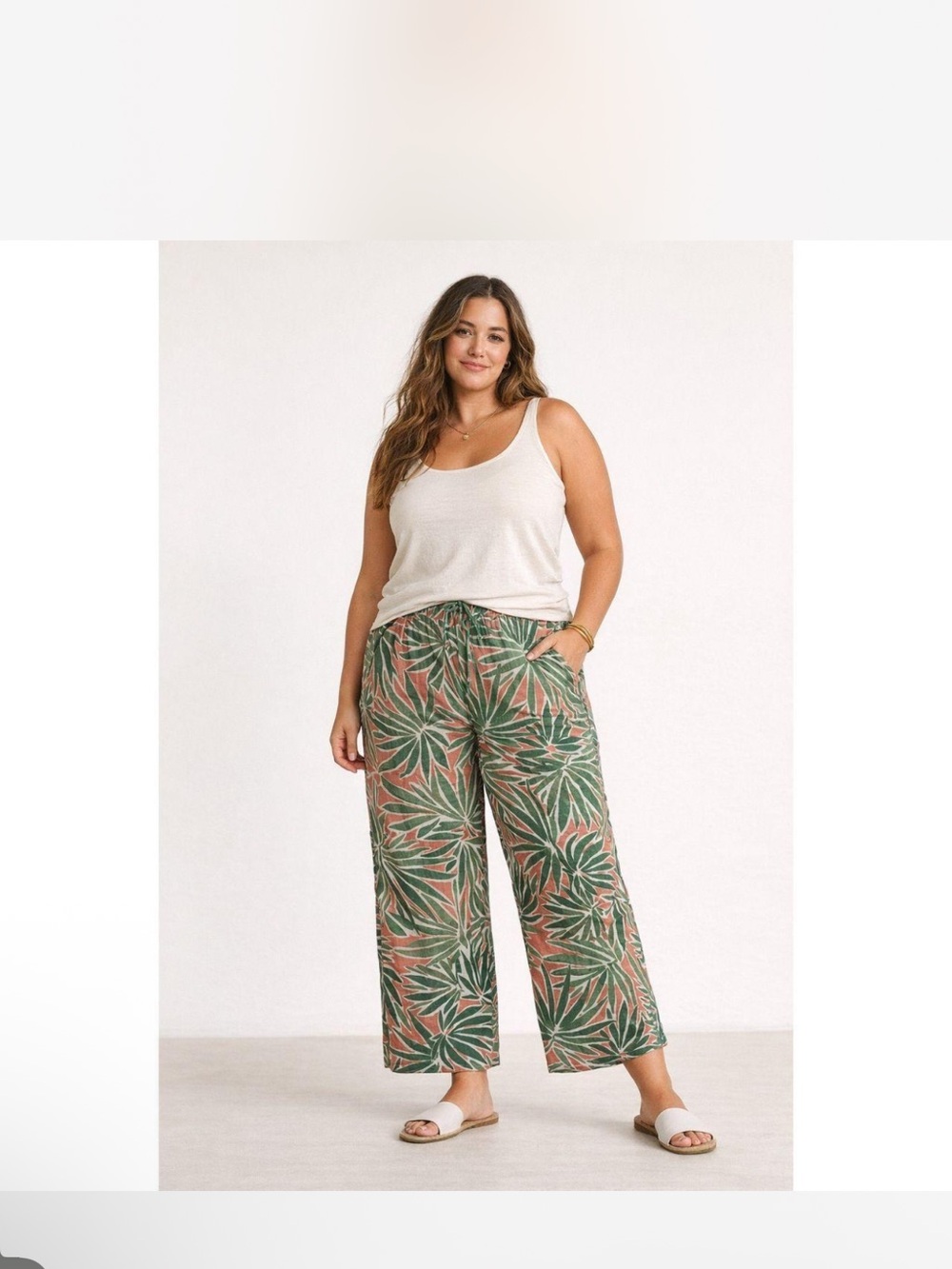 Sigrid Olsen Coral & Green Wide-Leg Palm Print Pants Size Small